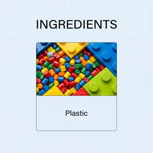 Detail shot showing raw plastic pellets and colorful building blocks material components.