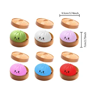 Detail view of cute slow rebound bun toys in multiple colors with dimension specifications.