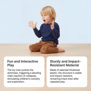 Detail scene showing a surprised child model with feature text blocks for domino train toy.
