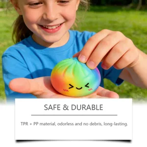 Rainbow dumpling squishy toy detail showing cute face design and safe TPR PP material.