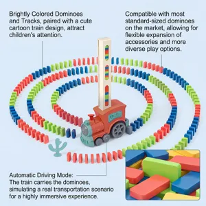 Electric domino train set with automatic laying tracks, colorful blocks, and fun kids toy details.