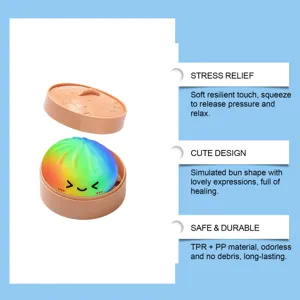 Rainbow bun squishy toy stress relief cute simulated bun with soft resilient touch and safe durable.