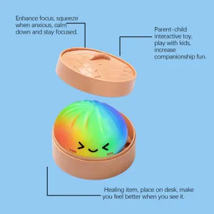 Rainbow bun squeeze toy with steamer box, cute anti-stress fidget toy for kids and adults.