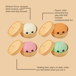 Detailed view of cute baozi squishy toys in mini steamers, showing soft texture and colors.