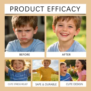 Detail view showing stress relief efficacy, happy children emotional contrast and cute toy design.