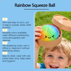 Rainbow squeeze ball stress relief toy with mini steamer cute colorful design for kids adults