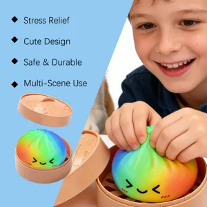 Rainbow stress relief bun squishy toy with cute design, safe and durable sensory toy for kids.