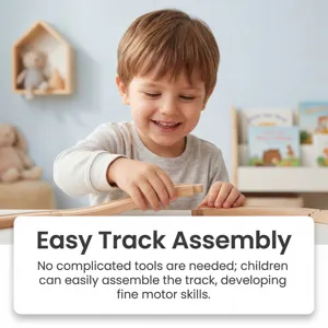 Wooden train track detail scene showing easy assembly and child playing with toy parts.