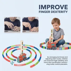 Domino train toy detail showing automatic block placement and children playing safely.