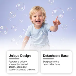 Kinderen bellenblaasmachine detailweergave met uniek ruimteschipontwerp en afneembare basis.