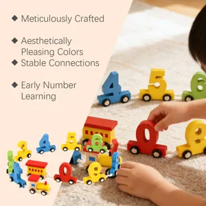 Holz Zahlen Zug Spielzeug Set fuer fruehe Kinderbildung, bunte Waggons und interaktives Lernen.