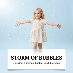 Promotioneel detail van zeepbelmachine toont blije kinderen die spelen met kleurrijke bellen.