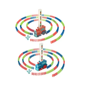 Electric domino train toy set with automatic laying function and colorful blocks for kids.