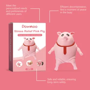 Vista detallada del tierno cerdo rosa juguete antiestrés con su caja para la relajación diaria.
