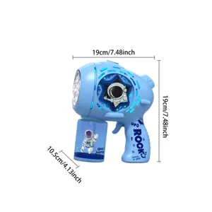 Pistola bolle di sapone astronauta blu con dimensioni, simpatico design spaziale per feste bambini.