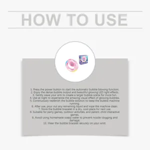 Detailed operation guide and product display for the glowing mermaid bracelet bubble machine.