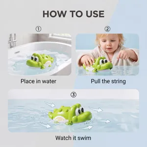 Green pull string crocodile bath toy for kids fun water play in the bathtub step by step