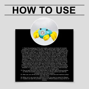 Crab bubble machine instruction detail image showing step by step operation guide for kids toys.