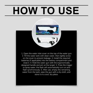 Electric water gun detail view showing usage instructions, ergonomic handle and bright light.