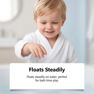 Bath toy detail featuring a smiling toddler in a white bathrobe enjoying bath time fun.