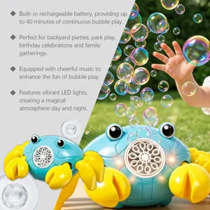Rechargeable musical crab bubble machine toy with LED lights and automatic bubble output.