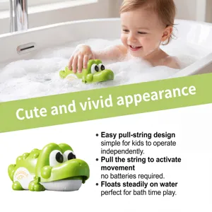 Cute green crocodile baby bath toy with pull string design for fun water play times.