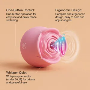 Dettaglio vibratore rosa, design ergonomico compatto con motore silenzioso e controlli.