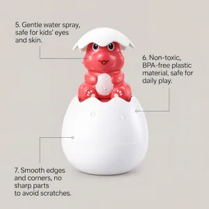 Detail view of the red dinosaur egg bath toy, highlighting safe spray and BPA-free plastic.