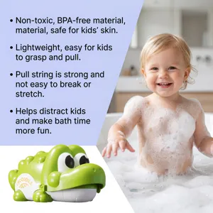 Green crocodile pull string bath toy detail view showing cute design and safe material features.