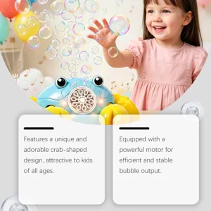 Cute crab bubble machine detail view with happy child playing, automated fun toy.