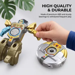 Close-up of transformable robot fidget spinner toy with durable ABS bearings and hand.