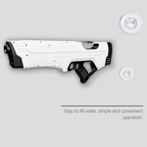 Electric water gun detail view, featuring a sleek white and black design with easy water filling.