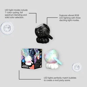 DOWMOO LED galaxy projector bubble machine with RGB lighting and cloud base details.