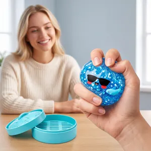 Blue glitter shark squishy toy with steamer case, soft stress relief toy for fun and relaxation.