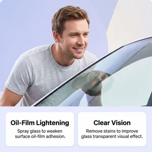 Détail du nettoyant film d'huile pour vitre de voiture montrant l'effet anti-taches.