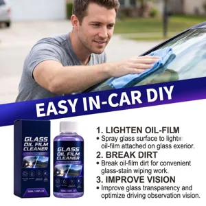 Detail du nettoyant film huileux pour vitre de voiture avec etapes et flacon pour pare-brise.