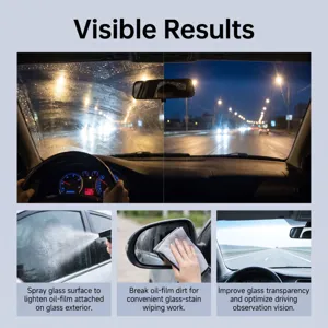 Vue détaillée de l'utilisation du nettoyant film d'huile pour vitres de voiture avec étapes.