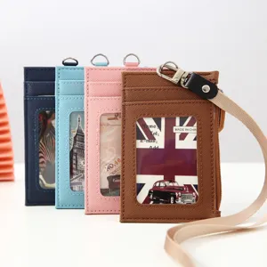 Porte-cartes en Cuir PU Avec Lanière Porte-badge d'identité Multi Fentes pour Cartes Porte-monnaie Zippé Étui de Carte Minimaliste pour Navetteur