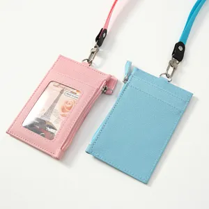 Porte-cartes en cuir PU avec lanière étui badge porte-monnaie rose bleu design élégant