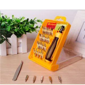 Detail view of the 31-in-1 precision screwdriver set with yellow handle and various bits.