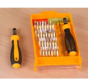 31-in-1 precision screwdriver set with multiple bits, handle and tweezers for repair.