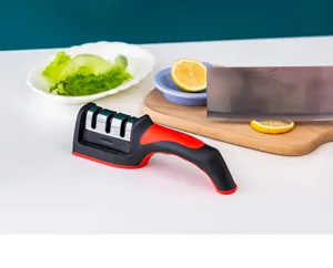 Kitchen 3-stage knife sharpener detail, handheld multi-functional tool in black and red.