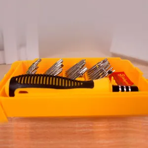 32-in-1 precision screwdriver set with multi-functional bits and yellow storage case.