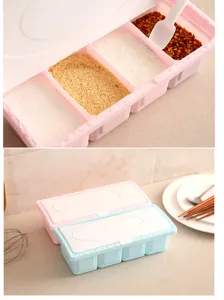 Boîte à épices de cuisine en plastique à 4 grilles avec cuillère, pot de rangement pour sel.