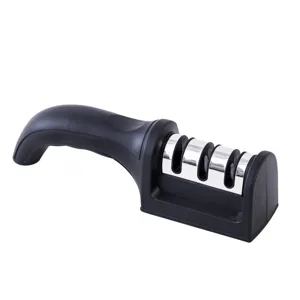 Handheld 3-stage kitchen knife sharpener with ergonomic black handle for home cooking tools.