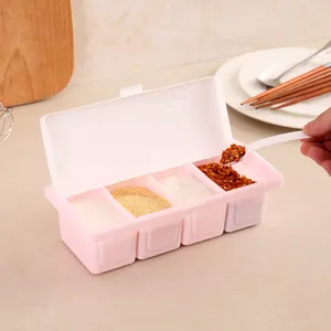 Boîte à Épices de Cuisine Créative en Plastique Récipient d'Assaisonnement à Compartiments avec Cuillère Couvercle Rabattable Organisateur de Sel et Sucre