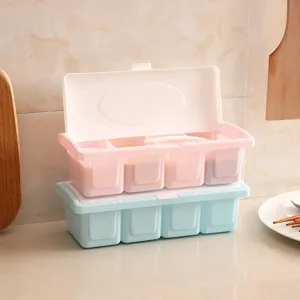 Boîte à assaisonnement en plastique à 4 grilles avec couvercle rabattable pour sel sucre.