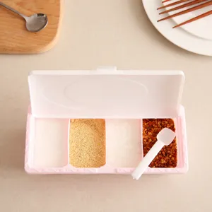 Boîte à assaisonnement de cuisine en plastique 4 grilles avec cuillère, pot à sel