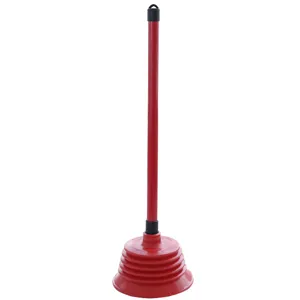 Heavy duty red toilet plunger with long handle and accordion suction cup for bathroom use.