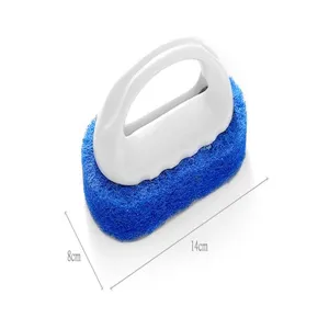 Plastic handle cleaning sponge brush with blue scrubber, durable household tool for kitchen.